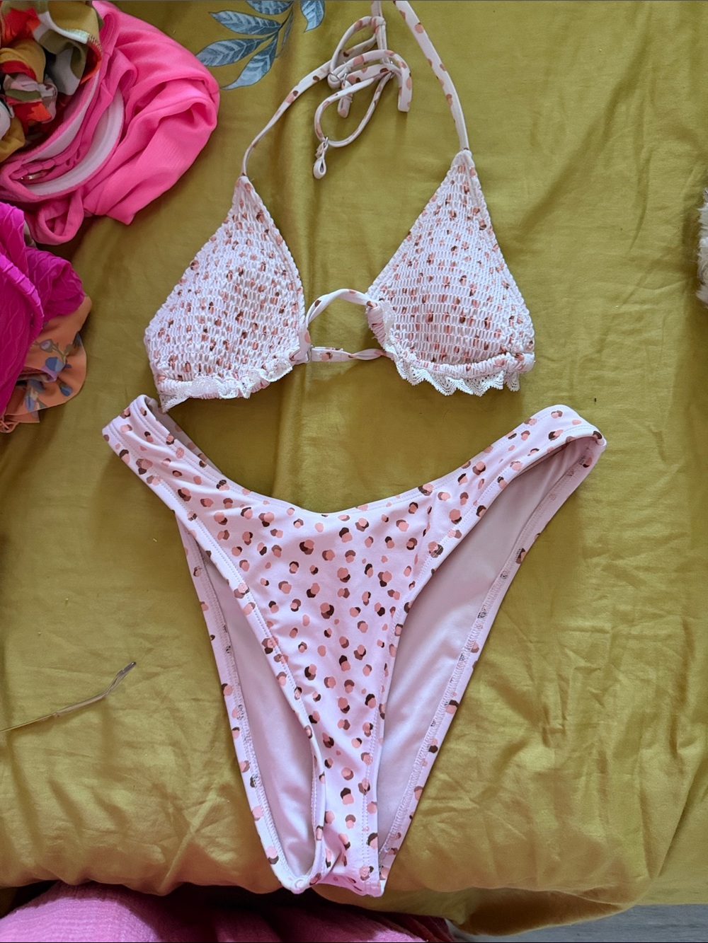 Forever 21 Pink Polka Dot Crochet Triangle Bikini